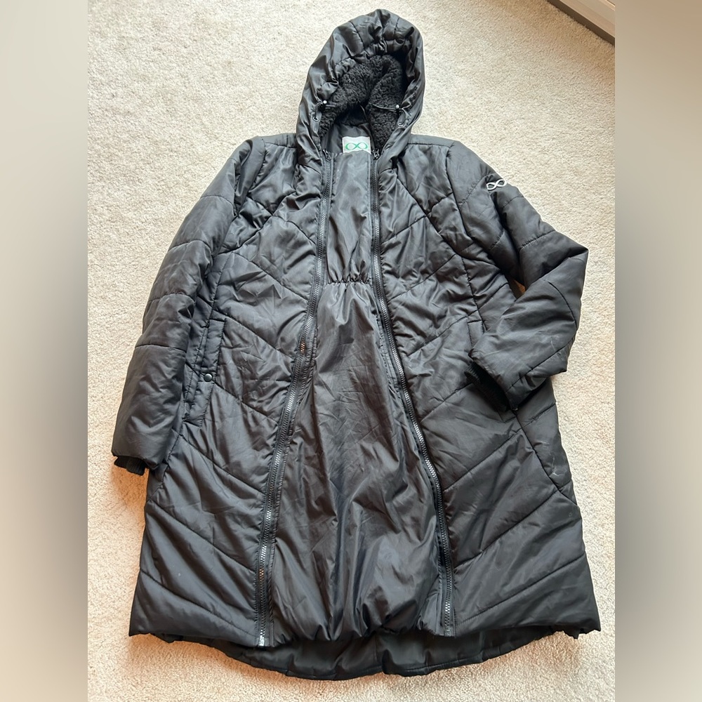 Modern Eternity maternity and baby wearing coat